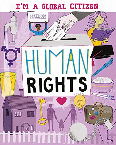 Illustration with text "Human Rights" and symbols of equality, education, and basic needs.