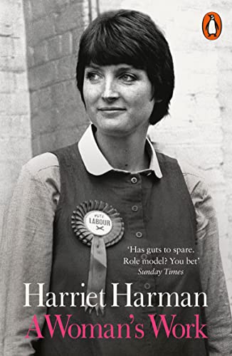 Black and white portrait of Harriet Harman, book cover “A Woman’s Work”.