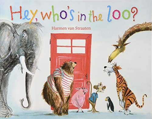 A bear, elephant, giraffe, tiger, monkey, pig, and penguin stand before a red door.
