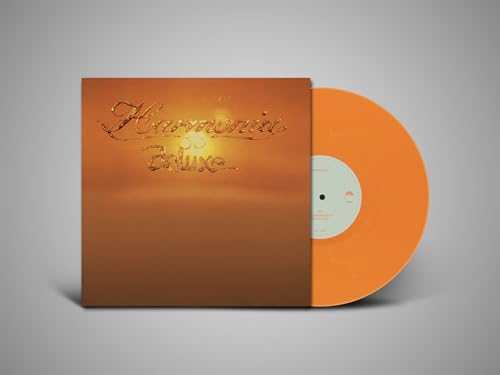 Orange vinyl record and sleeve with gold lettering, celebrating Harmonia.