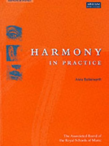 Orange book cover with title “Harmony in Practice” and musical imagery.