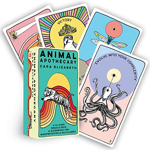 Colorful oracle deck with 44 cards and accompanying guidebook, featuring various animal illustrations.