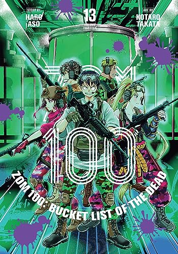 Zom 100, Volume 13 cover: armed characters against a green, splattered background.