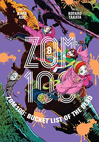 Manga volume 8 cover with characters amidst zombies and colorful splashes.