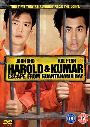 DVD cover for "Harold & Kumar Escape From Guantanamo Bay" featuring two actors in orange jumpsuits.