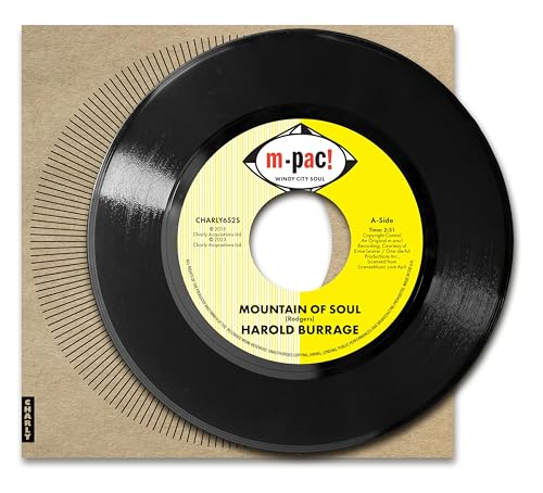 Black vinyl record with yellow label, titled "Mountain Of Soul" by Harold Burrage.