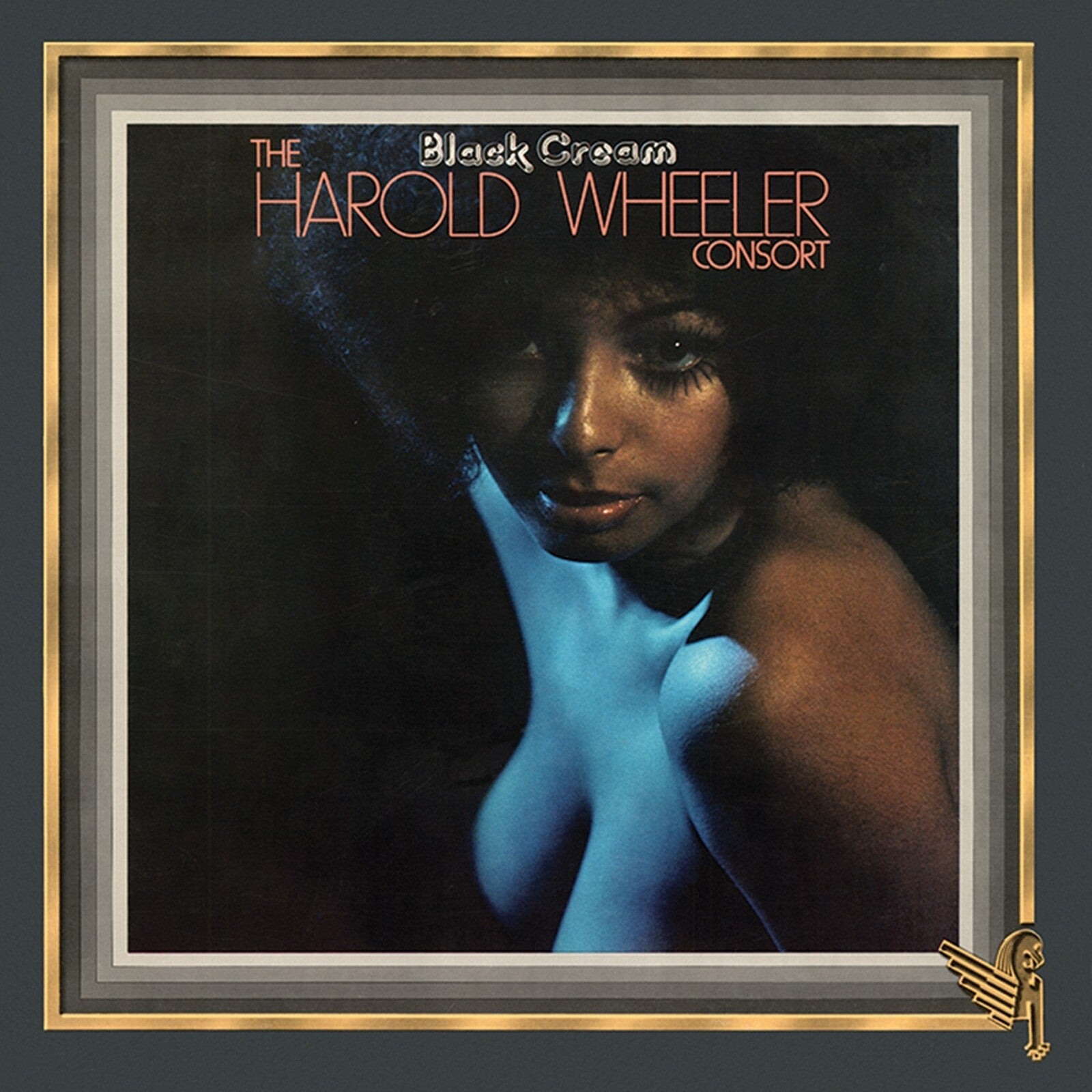 Vinyl album cover featuring a portrait of a woman with blue lighting, framed in gold.