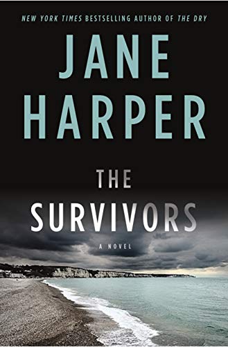 Book cover for The Survivors by Jane Harper featuring a rocky coastlineCSSSSS beach.