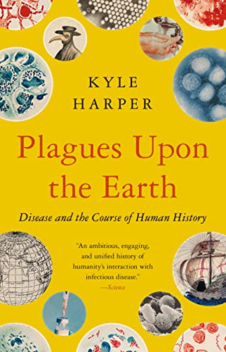 Yellow book cover with circular images of microbes and a plague doctor.
