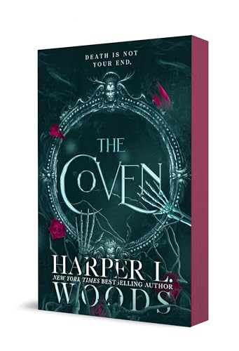 Book cover for "The Coven" featuring ornate frame, skeletal hand, and roses.