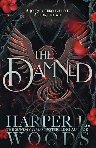 Book cover: “The Damned” with a phoenix image and red floral accents.