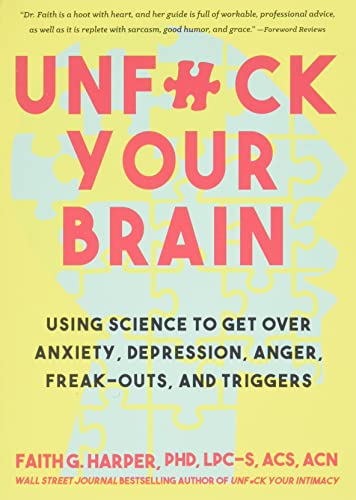 Book cover for Unfuck Your Brain with a puzzle-piece brain on yellow background.