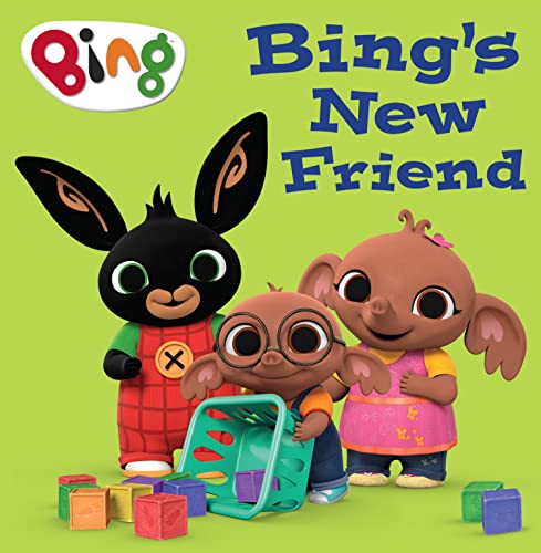 Bing, Sula, and a new character playing with colorful blocks on a green background.
