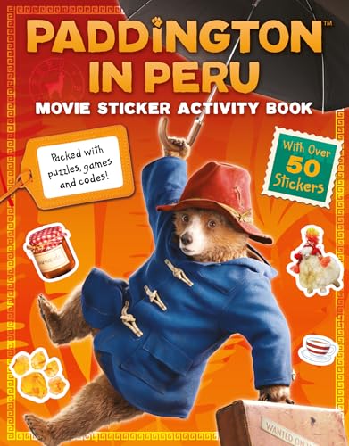 Paddington Bear with stickers, suitcase, and umbrella on orange background.