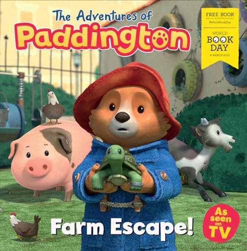 Paddington Bear with farm animals, holding a turtle, for World Book Day.