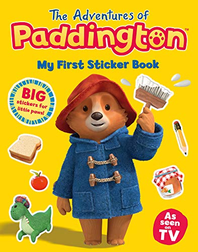 Paddington Bear wearing a red hat and blue coat on a yellow sticker book cover.