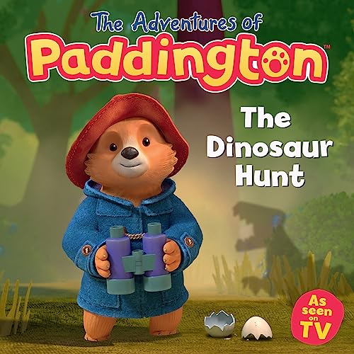 Paddington Bear with binoculars, searching for dinosaurs in a jungle.