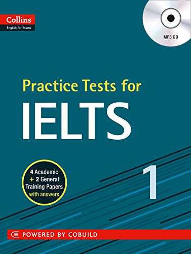 Blue book cover with white text: "Practice Tests for IELTS 1" and a CD icon.