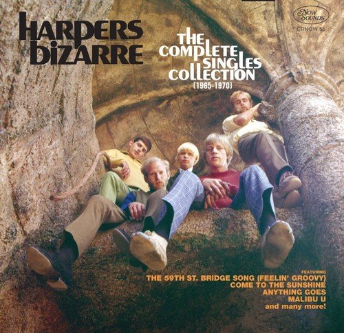 "CD cover with five men sitting on a stone bridge, 1960s attire."