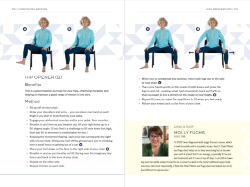 Book pages showing seated exercise diagrams and a woman demonstrating poses.