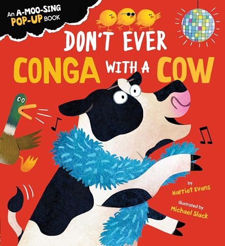 Book cover: cow with blue boa, chickens, duck, disco ball, bright colors.