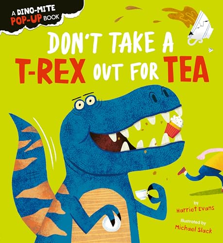 Blue T-Rex with cupcake in mouth, pop-up book cover illustration.