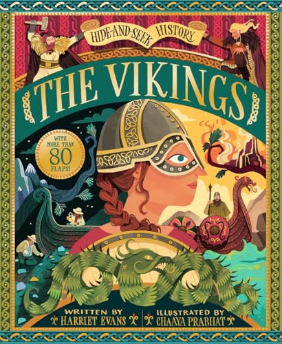 Book cover titled The Vikings featuring a person in a helmet, longships, and dragons.