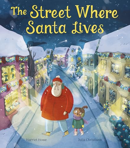 Santa and a child walk down a snowy, decorated street at night.
