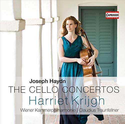 Cellist Harriet Krijgh with cello, album cover for Haydn’s cello concertos.