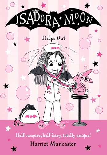 Isadora Moon dressed as a nurse uses a stethoscope on a pink toy rabbit.