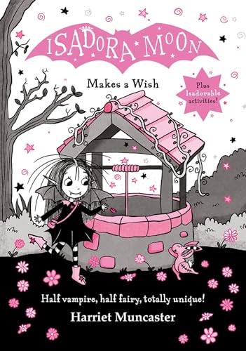 Isadora Moon stands by a wishing well with her toy rabbit in this illustration.