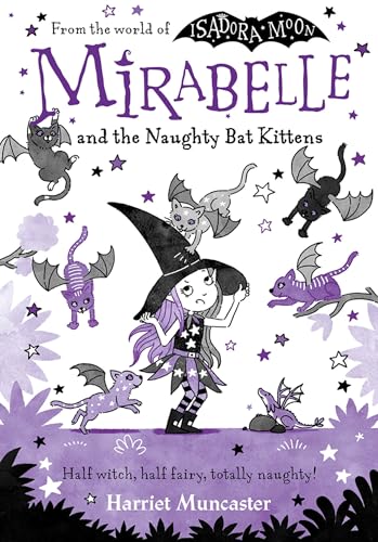A girl with purple hair and a witch hat surrounded by flying bat kittens.