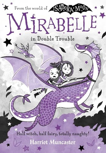 Two girls ride on a purple dragon through a starry cloudy sky with a moon.