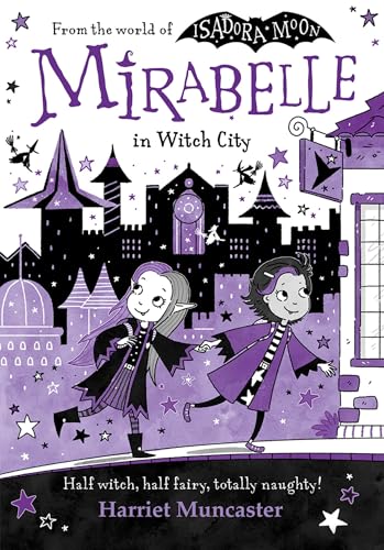 Two girls in purple outfits walk in front of a stylized black and purple castle.