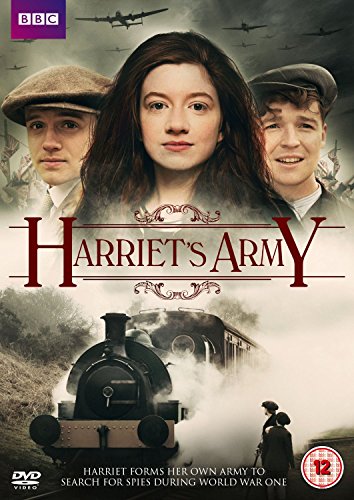 DVD cover for Harriet's Army featuring three young people, a steam train, and airplanes.