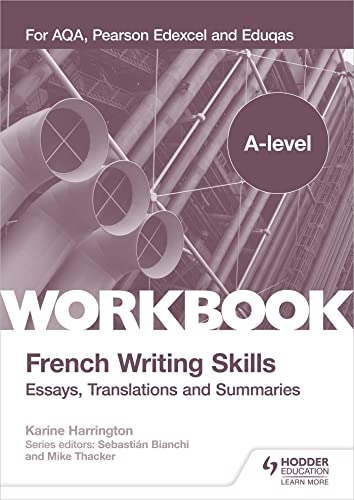 Textbook cover for A-level French Writing Skills with a purple architectural background.