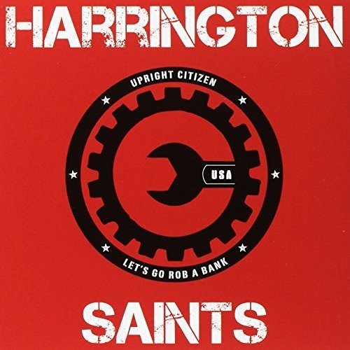 Harrington Saints album cover featuring a black gear and wrench icon on red background.