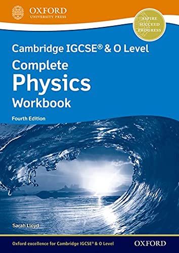 Cover of Cambridge IGCSE and O Level Complete Physics Workbook featuring a blue ocean wave.