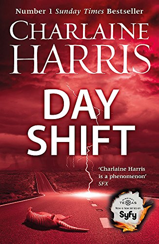 Book cover: “Day Shift” by Charlaine Harris, red and black design, lightning.