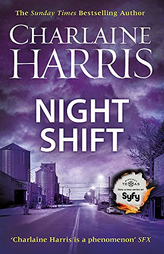 Book cover: "Night Shift" by Charlaine Harris, with a stormy town scene.