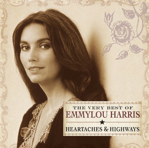 Emmylou Harris portrait album cover, sepia tone, floral embellishments.