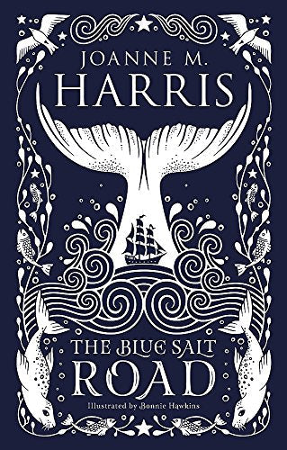 Book cover: dark blue with a white whale tail, ship, and sea creatures.