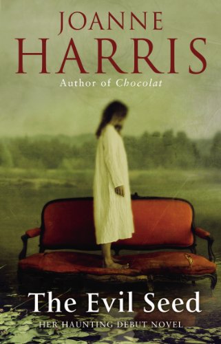Book cover: girl in white dress stands before a red sofa.