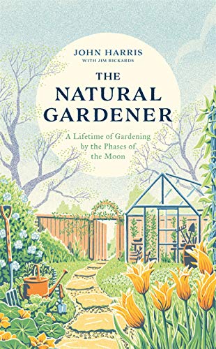 Book cover with garden scene, greenhouse, and large moon illustration.