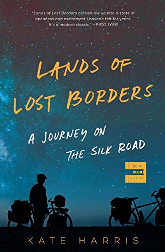 Book cover: “Lands of Lost Borders” with a cyclist silhouetted against stars.