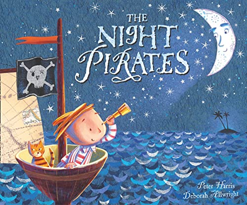 Book cover: boy in a boat with a pirate flag and moon.