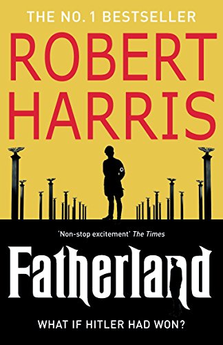 "Book cover with 'Fatherland' in red, columns, and dark cloudy background."