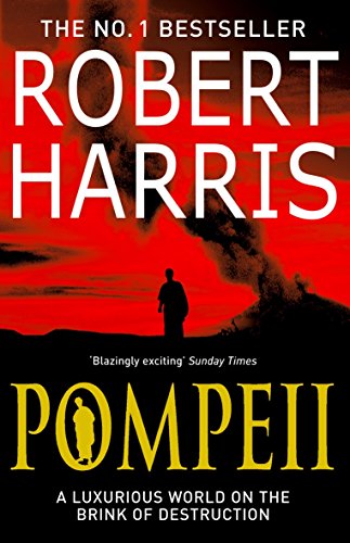 Book cover with red sky, bridge, and title "Pompeii" by Robert Harris.