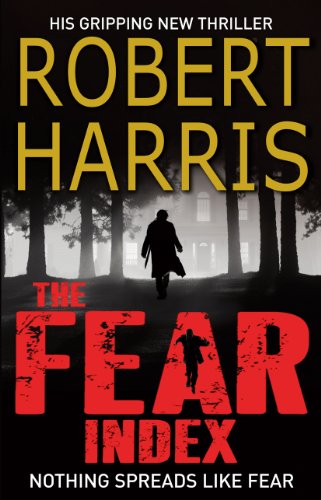 "Book cover of 'The Fear Index' by Robert Harris, dark green with misty house scene."