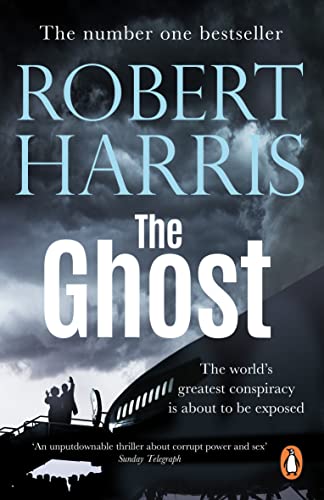 Book cover for "The Ghost" by Robert Harris, with a shadowy airplane.